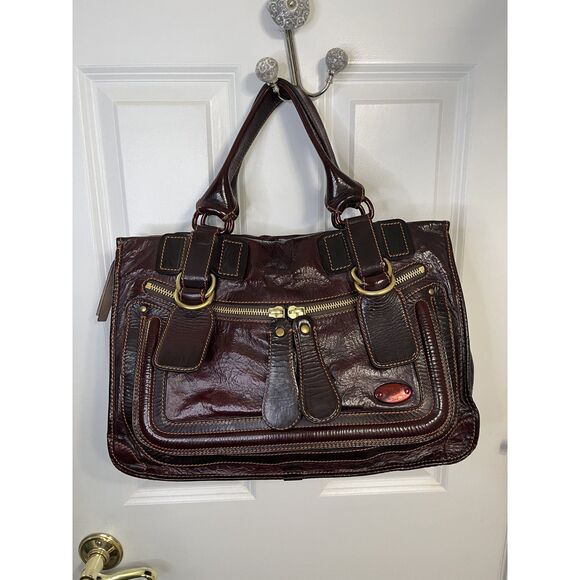 Chloe Vintage Bay Tote Burgundy Patent Crinkle Leather Satchel Bag - Picture 1 of 16